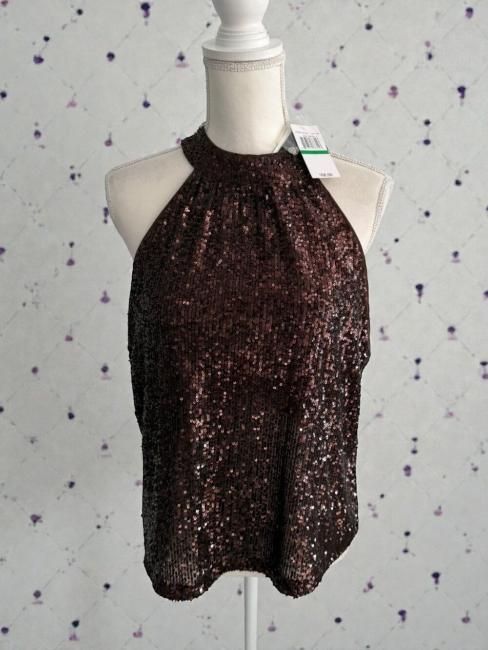 CABLE & GAUGE Brown Sequin High Neck Tank Top Size Large NEW NWT